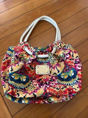Nicole by Nicole Miller Vibrant Multicolor Floral Tote with Cream Handles